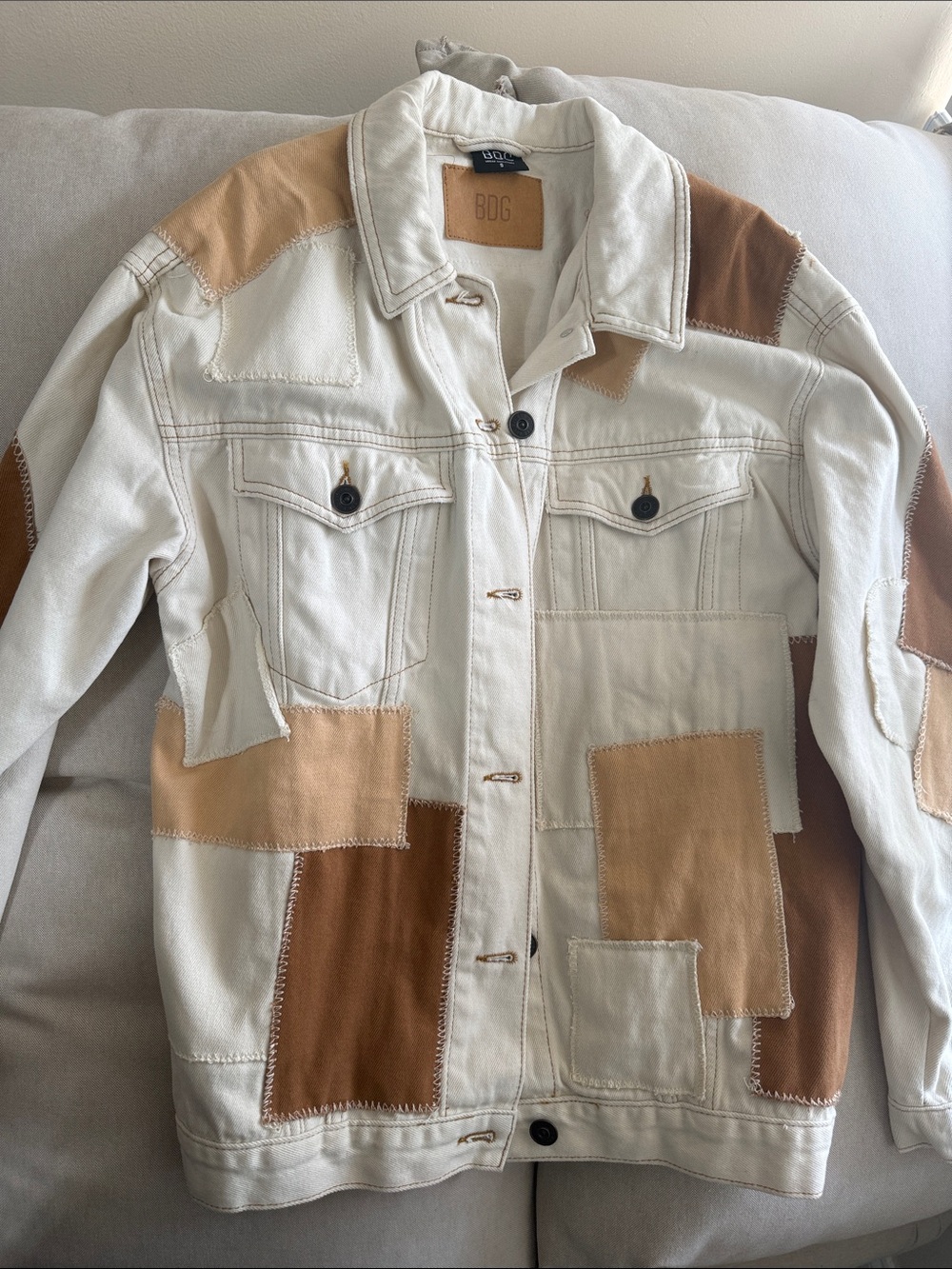 BDG White Denim Jacket with Tan & Brown Patch Panels